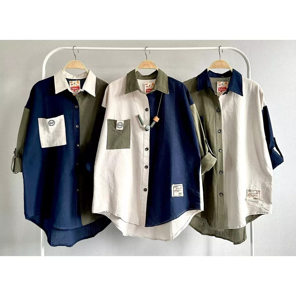 MBO ATASAN KEMEJA OVERSIZED KANTONG SATU WARNA HIJAU ARMY BAHAN LINEN PREMIUM KUALITAS IMPORT