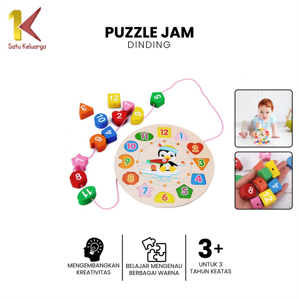 Satu Keluarga Mainan Edukasi Anak Puzzle Jam Kayu Motif Penguin Lucu M330 Wooden Clock Game Puzzle J