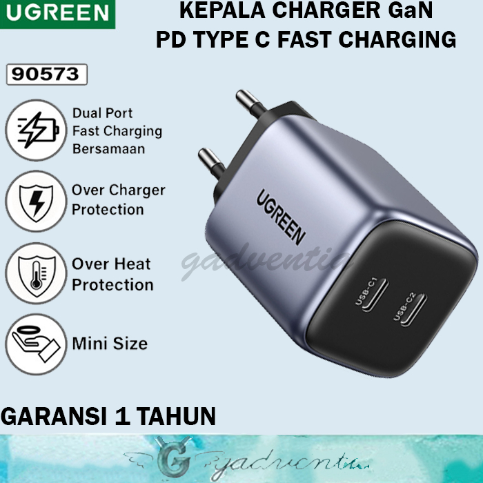Ugreen Nexode Kepala Adaptor Charger GaN Fast Charging 20W 30W 45W 65W 100W 140W 200W Laptop Handphone Iphone Android-45W GREY