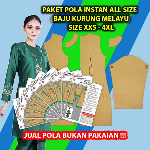 Paket 9 Size Pola Instan Baju Kurung Melayu All Size [9 Size XXS-4XL] Jamblang Studio
