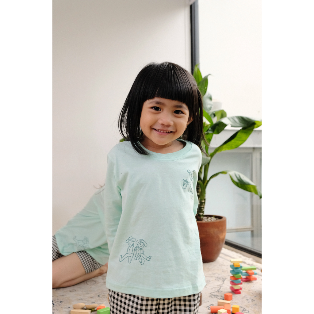 Goodnitegwen TOYSTORY kaos combed katun jepang ijo mint piyama wanita dewasa - anak laki perempuan