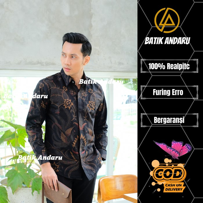 Batik Andaru Motif Mandala Kemeja Batik Pria Slim Fit Lengan Panjang Modern Heem Premium Warna Hitam