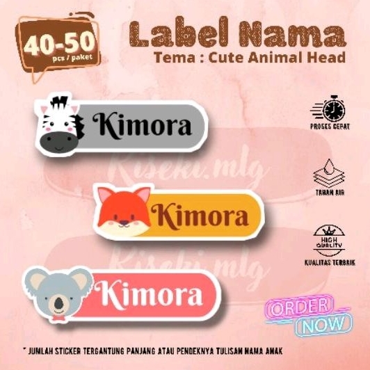 

40-50 pc Sticker nama waterproof anti air murah / karakter cute animal