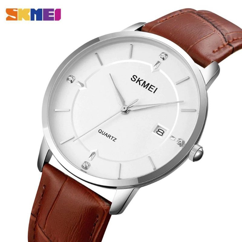 JAM TANGAN PRIA SKMEI TALI KULIT TANGGAL AKTIF PREMIUM FREE BOX DIAMETER 3.7CM TERBARU