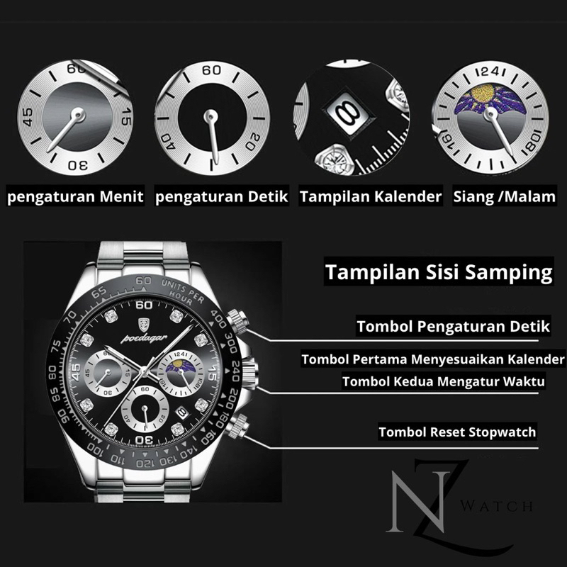 Jam Tangan Pria Anti Air Original Keren Hitam Luxury Chronograph Watch Men Multifungsi Zn006