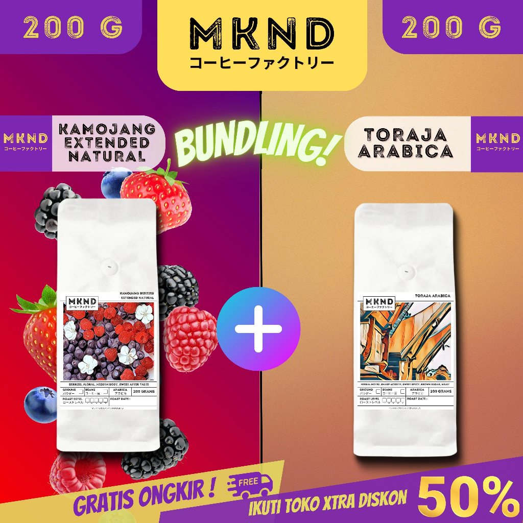 

MKND® BUNDLING HEMAT 2X200 KOPI ARABIKA KAMOJANG EXTENDED NATURAL + TORAJA SAPAN GRADE 1 SINGLE PROMO DISCON | BIJI BUBUK | SINGLE ORIGIN | PREMIUM COFFE | ROASTED BEANS | MANUAL BREW | COFFE ROASTERY