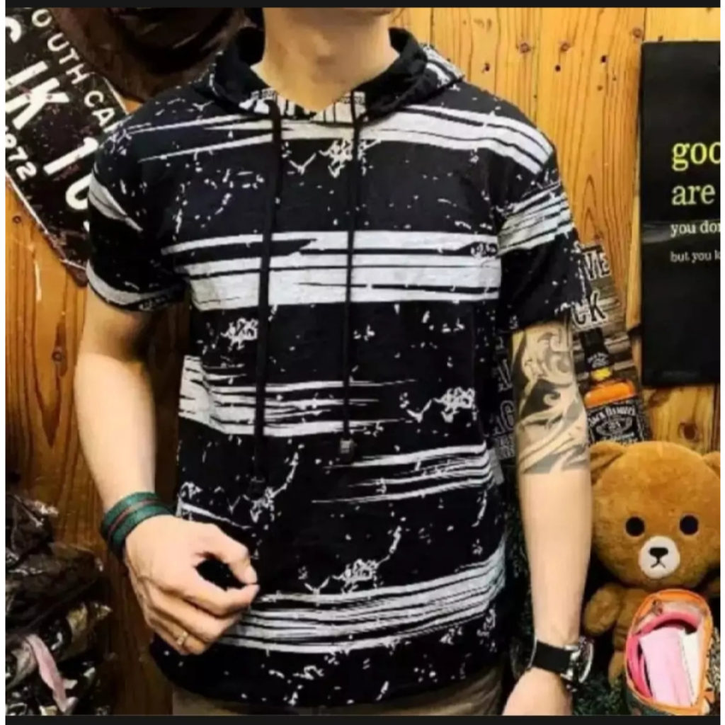 Kaos Hoodie Kupluk Lengan Pendek Sablon Gambar / Kaos Lengan Pendek Kupluk Motif Sablon Bergambar / 