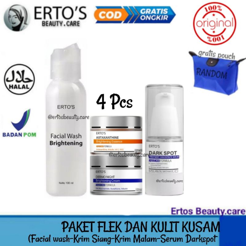 ERTOS PAKET FLEK AMPUH KRIM ERTOS ORIGINAL AMAN BPOM (F.WASH, ASTAXANTHINE , DERMO NIGHT, DARKSPOT)