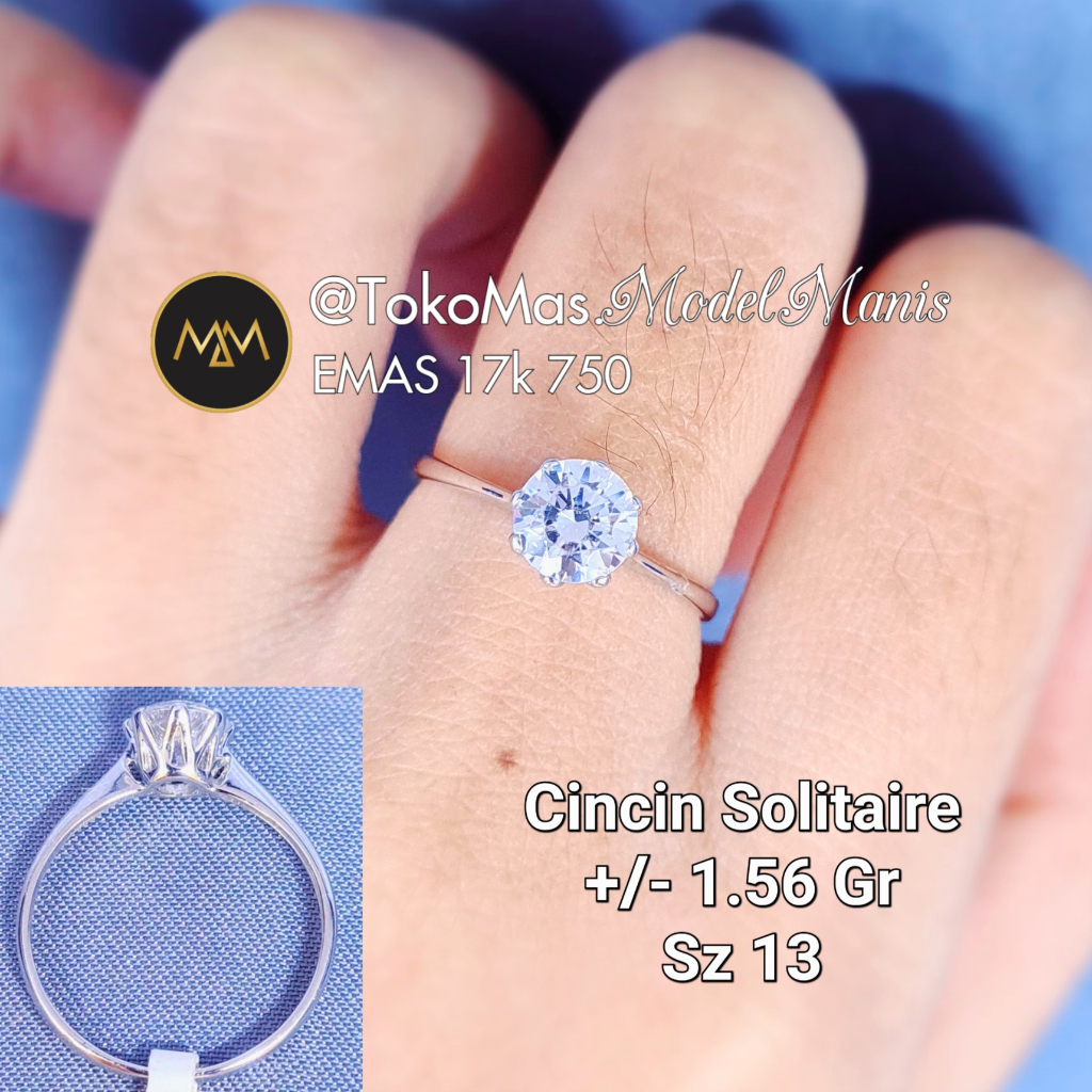 Cincin Solitaire Emas Putih 750 kadar 17k