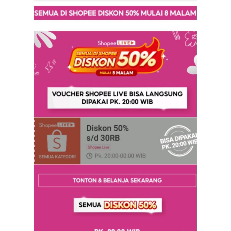diskon 50% sampai 30rb mulai jam 8 malam live