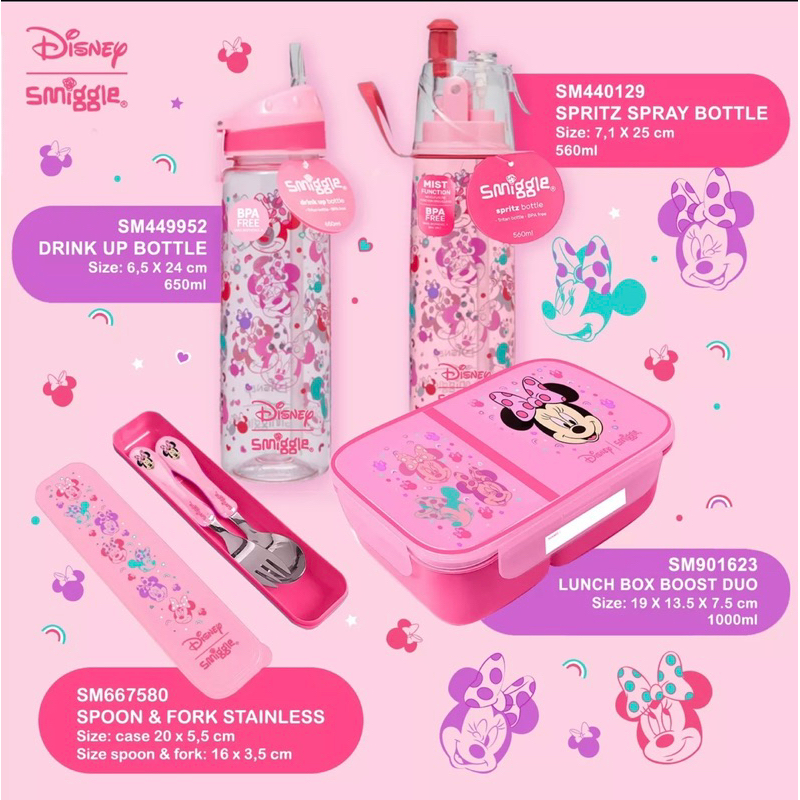 SMIGGLE DISNEY MICKEY MINNIE DRINK UP/SPRAY BOTTLE/LUNCHBOX/SENDOK SET