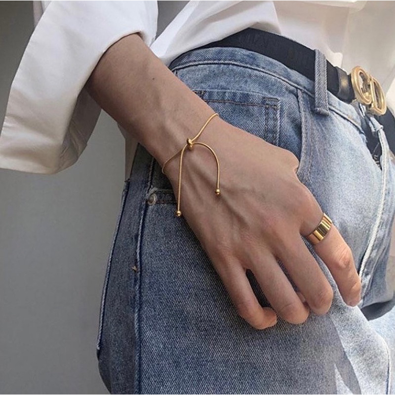 Gelang Titanium Asli Wanita Anti Karat Lapis Emas 18k Model Serut Simple