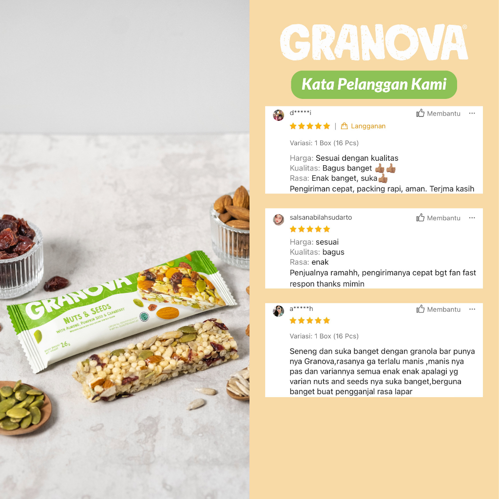 

Granova - Snackbar Nuts & Seeds 26gr x 16 pcs (Rasa Orinal) - Cemilan Sehat, Gandum, Halal