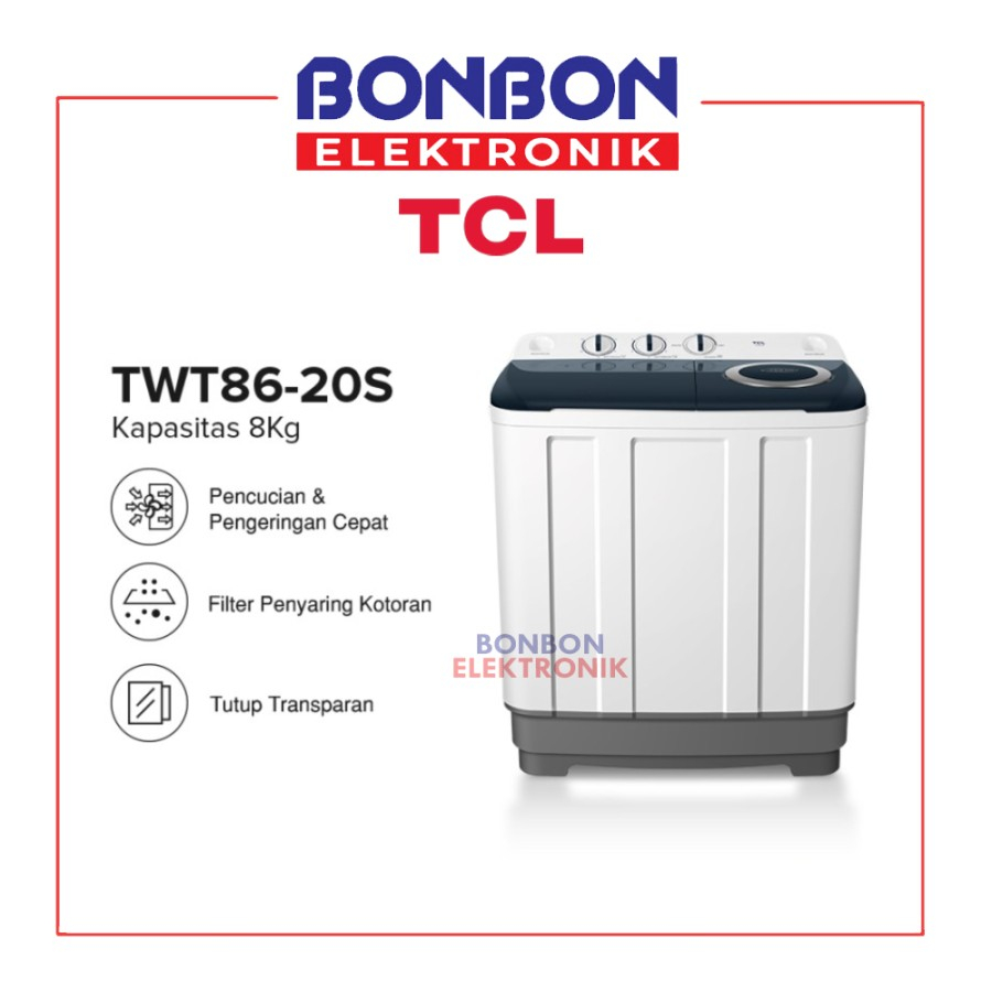 TCL Mesin Cuci 2 Tabung 8 KG TWT86-20S / TWT86 20S Twin Tub