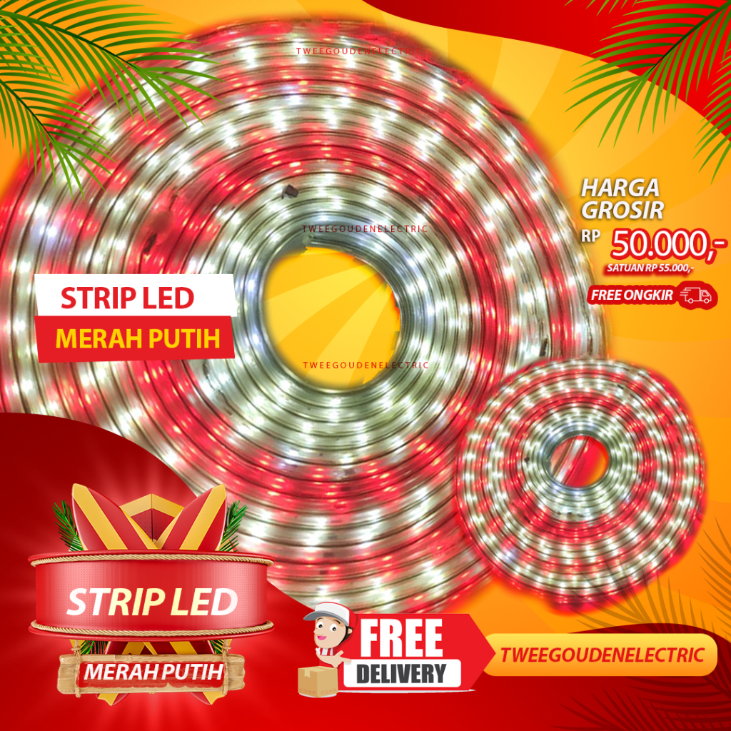Lampu LED Merah Putih Murah Strip Selang 2M, 4M, 6M, 8M, 10M + Adaptor 220V