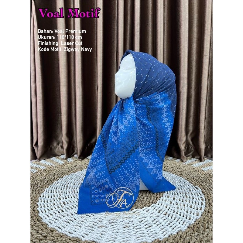 Promo Hijab Segi Empat Voal Motif Zigway Warna Biru Navy