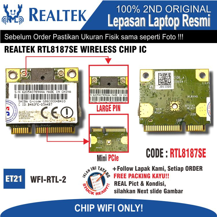 ET21 WFI-RTL-2 Internal WiFi Card WiFi Chip Laptop Notebook Netbook REALTEK RTL8187SE WIRELESS CHIP 