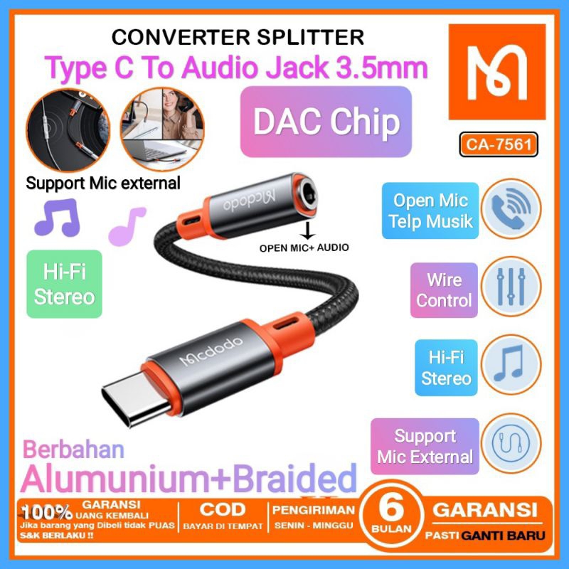 Mcdodo Adapter Converter Splitter Type C To Audio Jack 3.5mm Open Mic DAC Chip