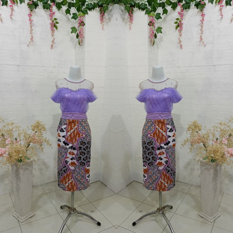 Midi Dress Batik Street Lilac Lengan Draperi tile swaroski