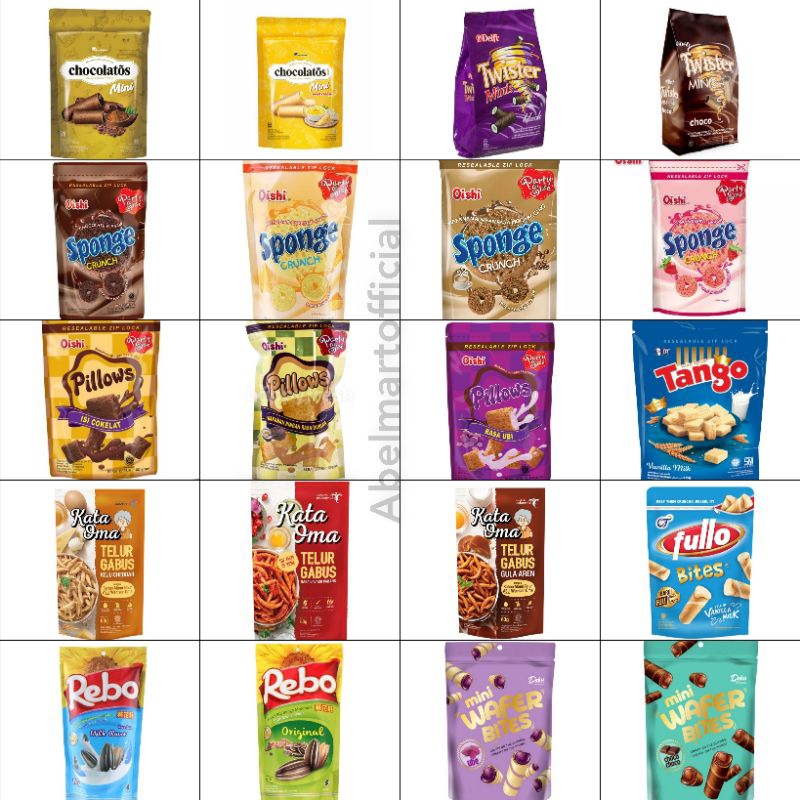 

CHOCOLATOS / DEKA MINI WAFER BITES / FULLO / KATA OMA TELUR GABUS / KUACI REBO / PILLOW OISHI / SPONGE OISHI / TANGO / TWISTER MINIS