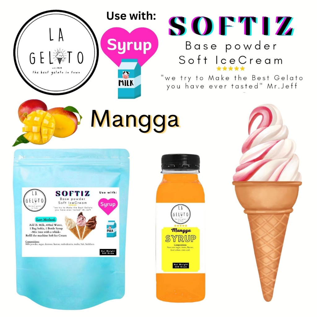 

Paket Softiz bubuk soft ice cream dan sirup rasa Mangga untuk 3kg | Powder Ice Cream Fruity Buah Murah Mudah Cool Dingin Tahan Lama Coklat Vanila Thai Tea Capuccino Es Doger Taro Leci Anggur Strawberry