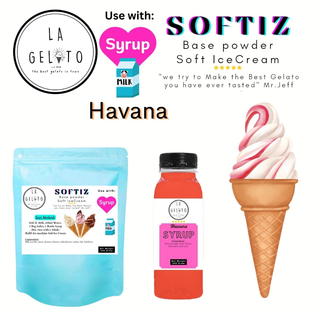 

Paket Softiz bubuk soft ice cream dan sirup rasa Havana untuk 3kg | Powder Ice Cream Fruity Buah Murah Mudah Cool Dingin Tahan Lama Coklat Vanila Thai Tea Capuccino Es Doger Taro Leci Anggur Strawberry