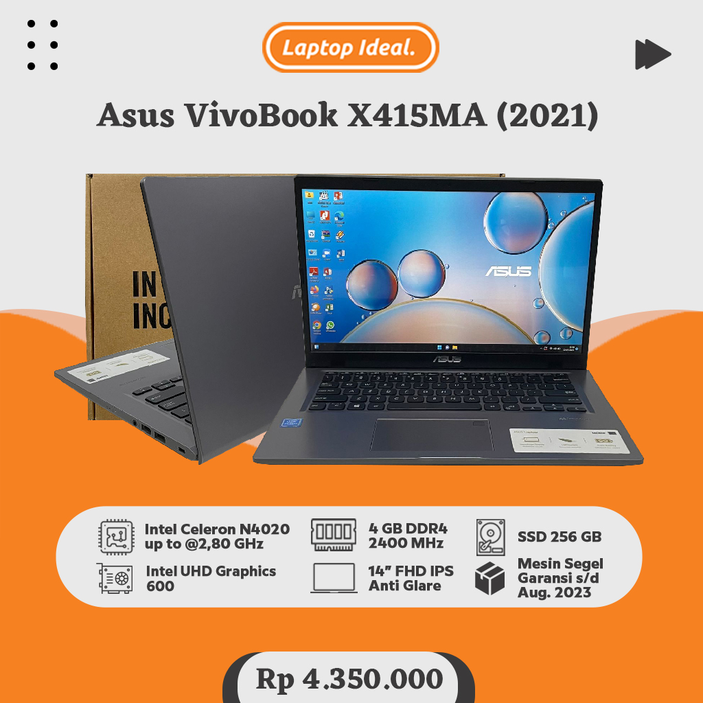 Asus VivoBook X415MA (2021) SLIM N4020 RAM 4 GB SSD 256 GB MULUSS FULLSET GARANSI
