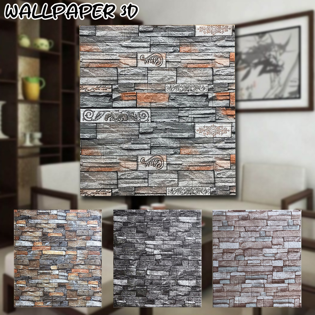 Wallpaper Dinding 3D Motif Corak batu alam untuk Dekorasi kamar, dinding rumah, Teras, dapur, Warung