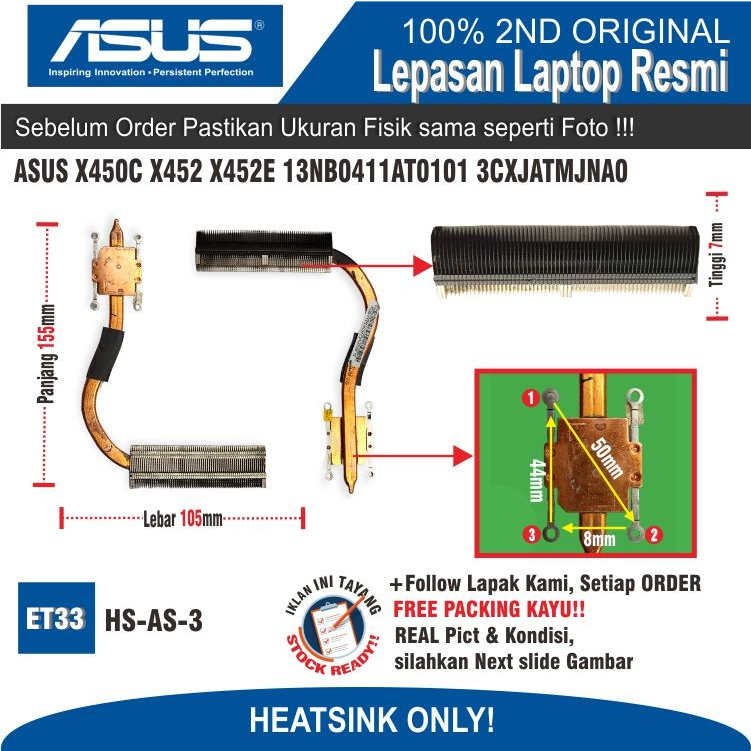 ET33 HS-AS-3 Heatsink ASUS X450C X452 X452E 13NB0411AT0101 3CXJATMJNA0