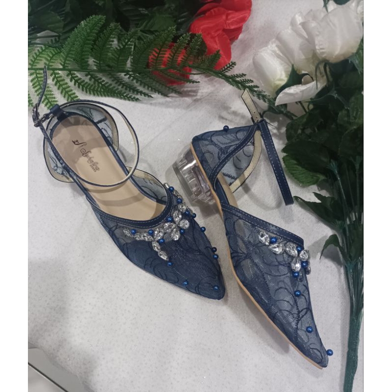 Syhafira sepatu wanita sepatu wedding  heels pesta amanda hak kaca 3 cm biru navy