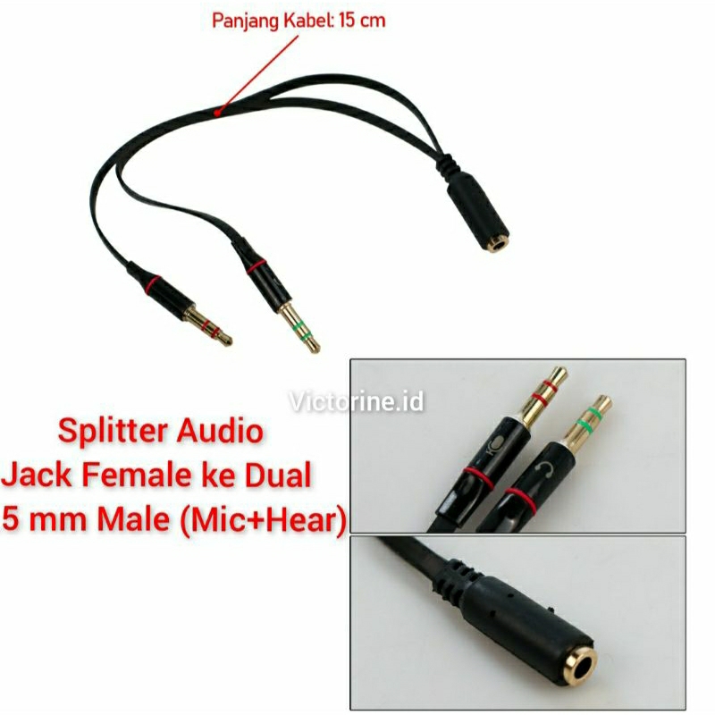 Splitter Audio Jack Female ke Dual 3.5 mm Male Mic and Hear Speaker