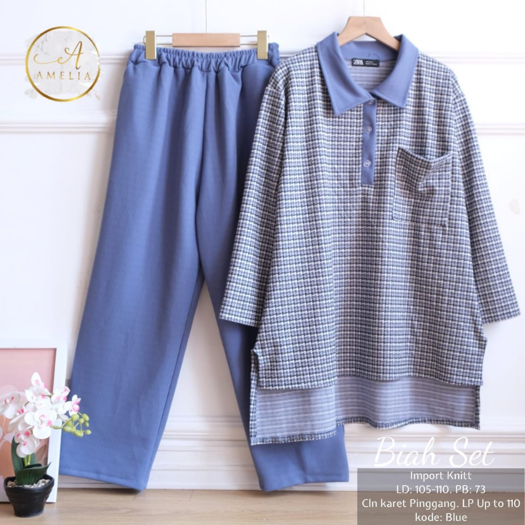 BIAH SET KNITE IMPORT ORIGINAL BY AMELIA SETELAN BAJU WANITA BLOUSE DAN CELANA KULOT SETCEL MOTIF KO