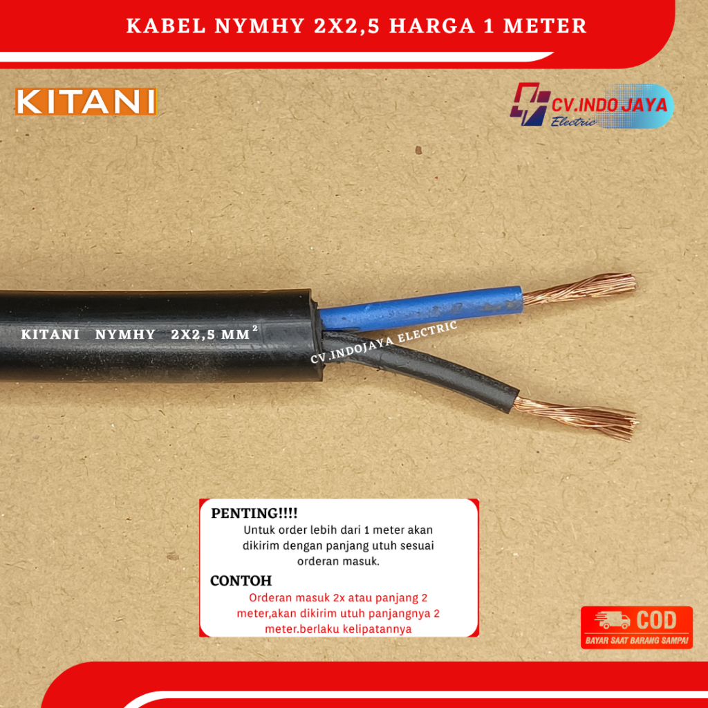 Kabel NYMHY 2X2,5 KITANI harga 1 meter kabel serabut 2 jalur