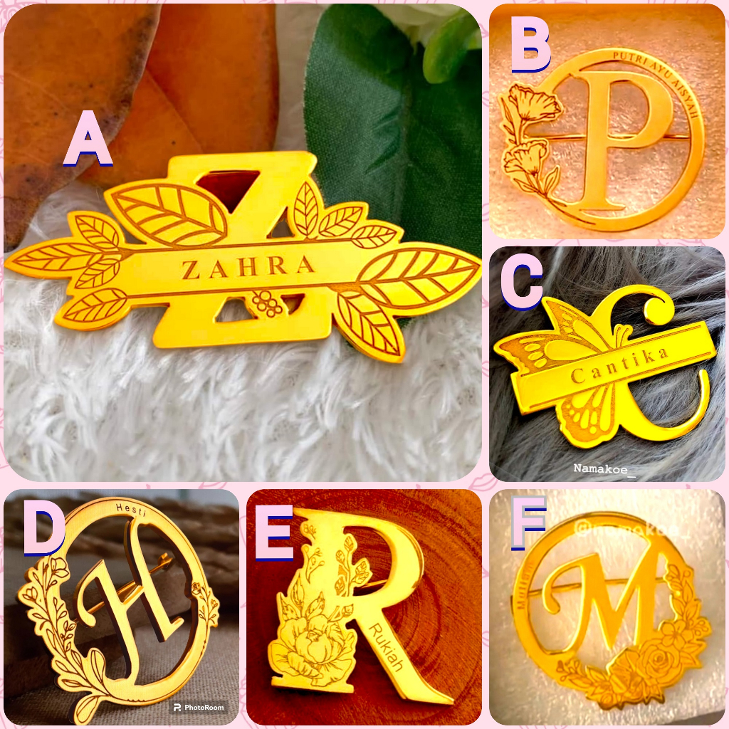 Bros Nama Lapis Emas / Bros Inisial Lapis Emas / Bros Wanita / Bros Muslimah / Bros inisial bunga / 