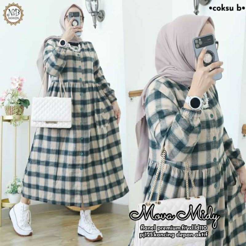 baju gamis motif kotak kotak midy dress muslim wanita kekinian