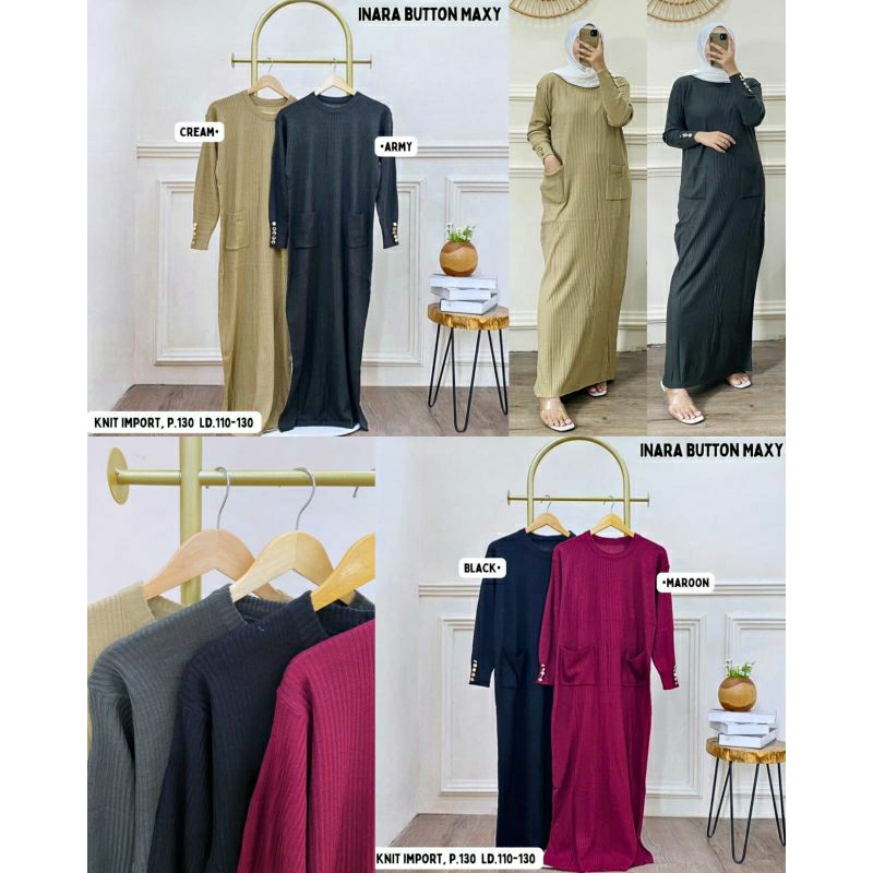 Dress Wanita Kaos Knit Import Inara Button Maxy
