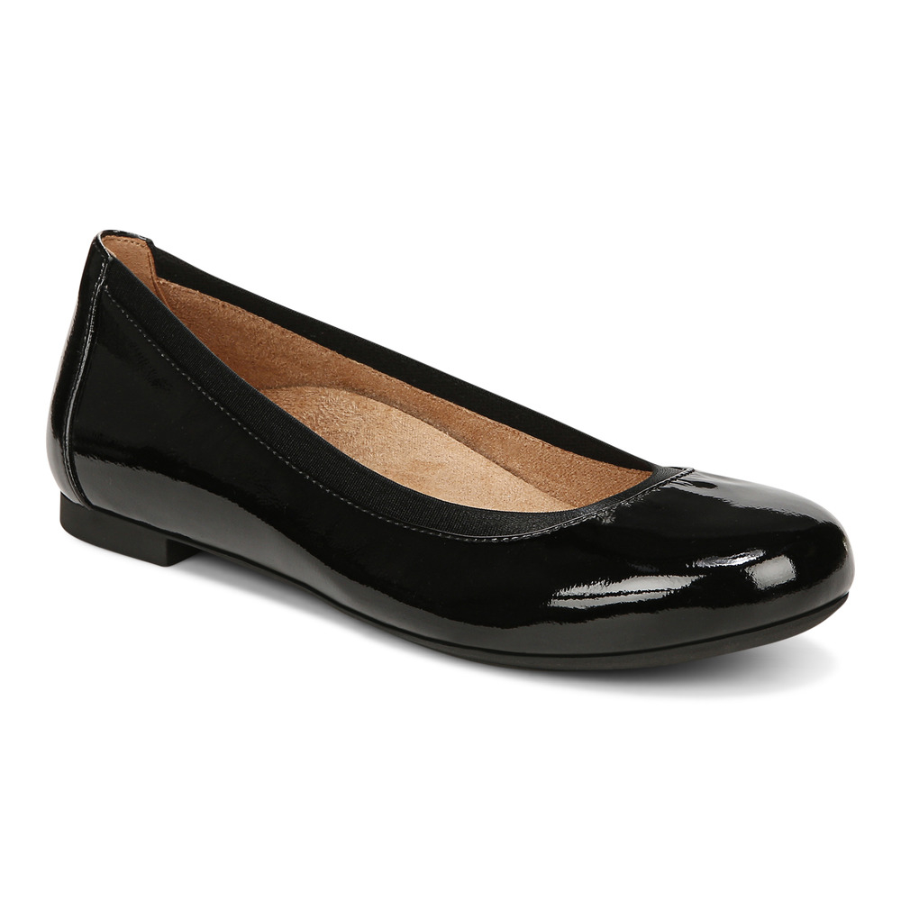 Vionic Anita Black Leather Flat Shoes Wanita