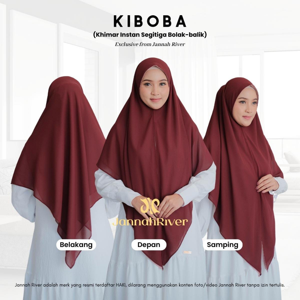 Jannah River Kiboba Khimar Instan Segitiga Bolak-balik 1 Jilbab 2 Warna Khimar Ceruty 2 Layer Kekini