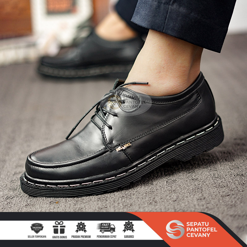 Sepatu Kulit Pria Full Hitam Keren Model Loafer Kerja Kantor - Leather Shoes Cowok Kekinian Buat Kon