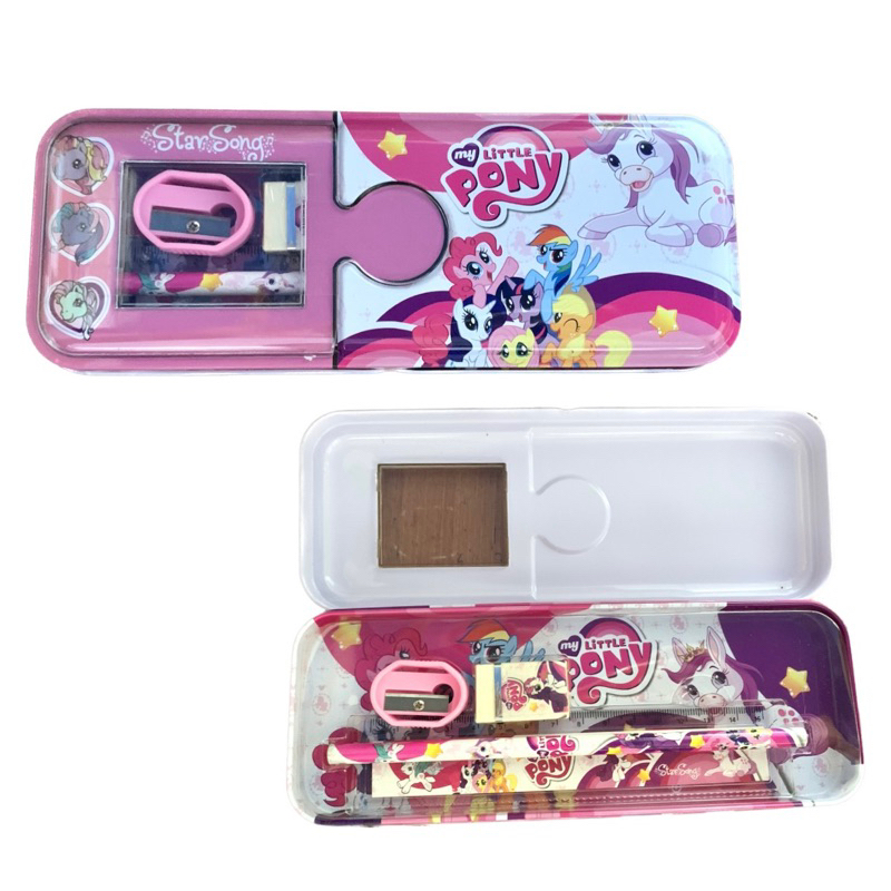 

Tempat Pensil Kaleng Isi 4pcs Pensil Penghapus Penggaris Pengraut Karakter Little Pony