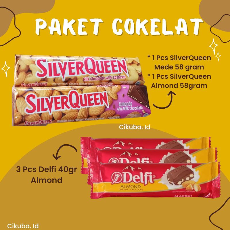 

Paket Cokelat 2 Silverqueen 58 gram dan 3 pcs Delfi Almond 40gram