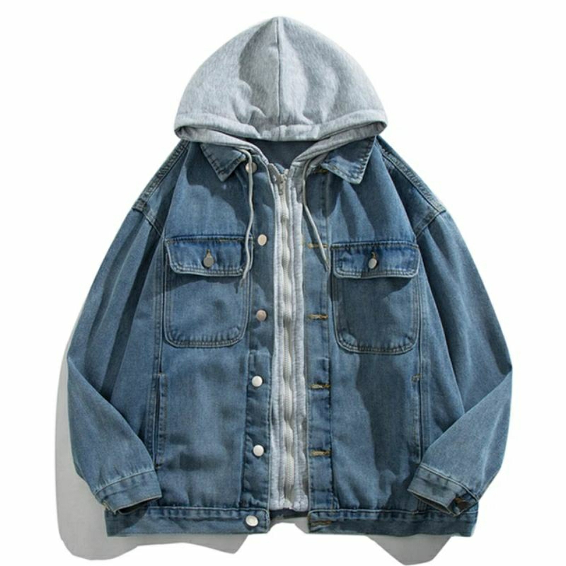 Jaket Denim Jeans Pria Terbaru Hoodie Berkupluk Ritsleting Double Zipper