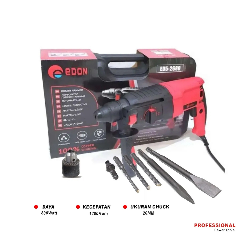 ROTARY HAMMER DRILL 2-226 EDON ED5-2680 BOBOK BETON BESI KAYU BOR 3 FUNGSI