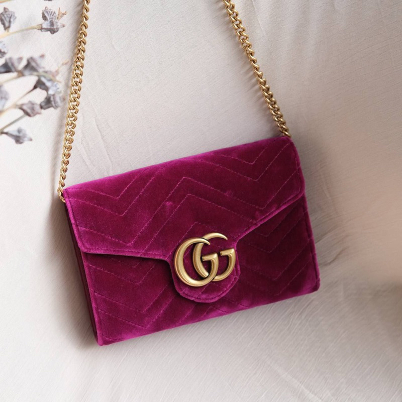 GUCCI GG Marmont Wallet on Chain Woc in Purple Plum Velvet Ghw