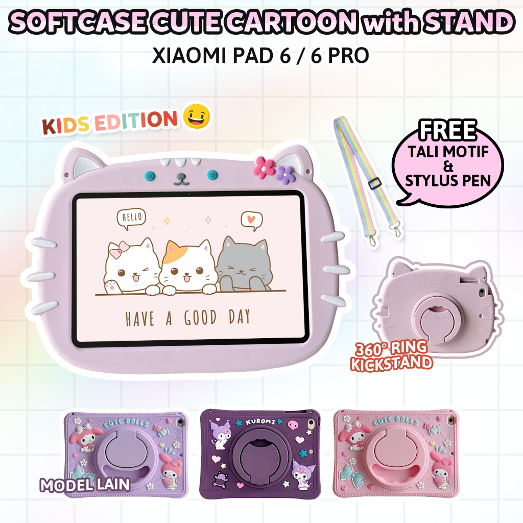 Xiaomi Pad 6 2023 11 inch Soft Case Cute Cat Casing Kucing Ring Stand Softcase Rotate Kickstand Kesi