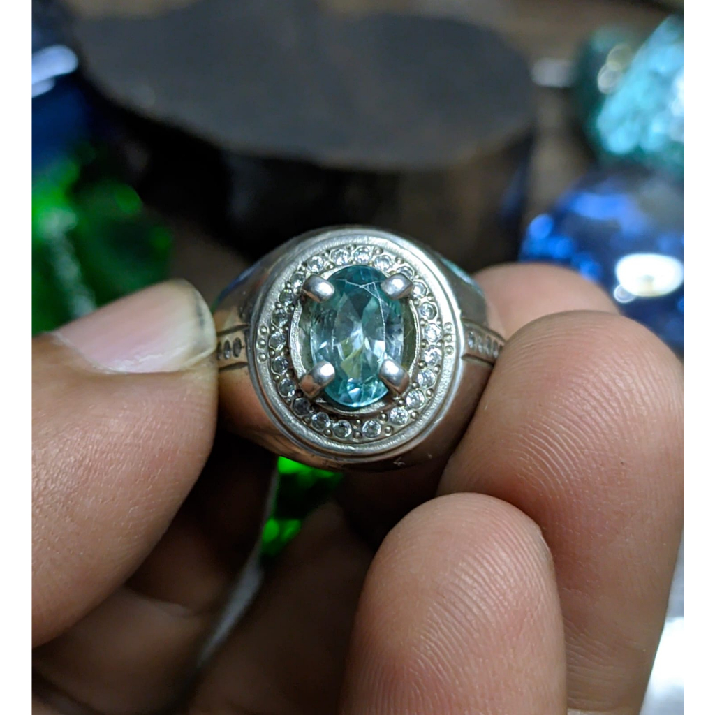 Natural Blue Zircon Cambodia Ring Perak 925 HM Mewah