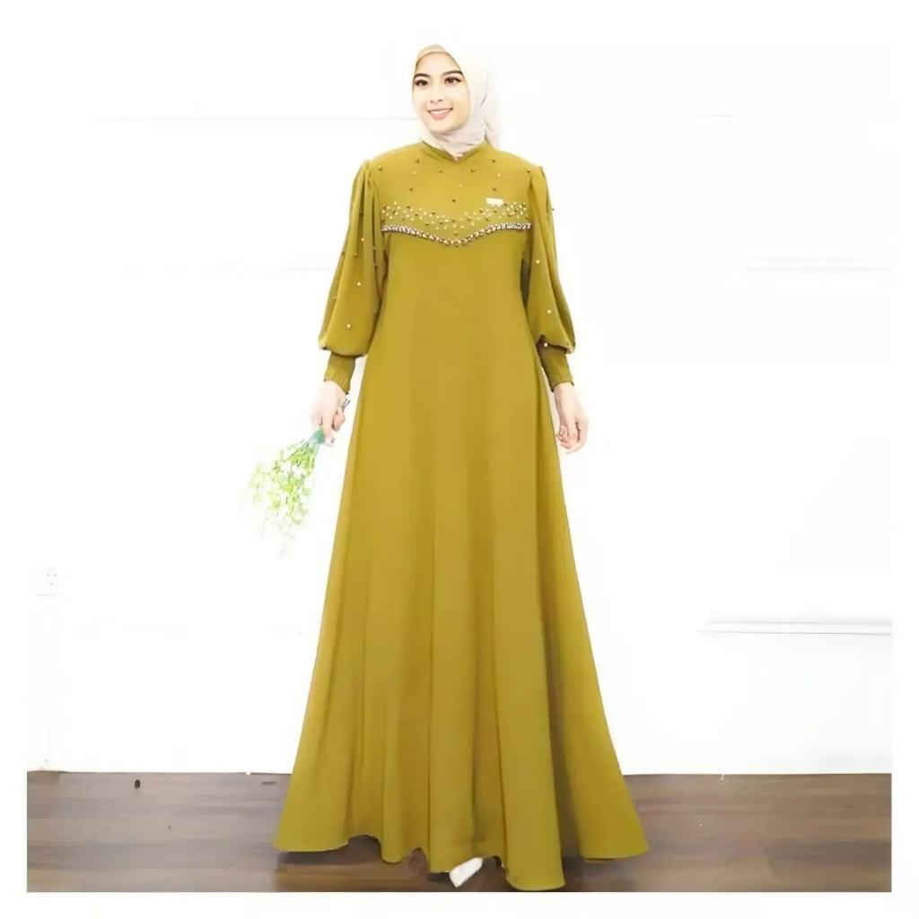 Viera Dress // Gamis Cringkle Airflow Mix Mutiara Payet Cantik Lengan Balon Busui Friendly Model Mayung All Size  M L XL Warna Sage Premium // Gamis Lebaran Jumbo Terbaru 2024 // Gamis Pesta Mewah Elegant Kekinian // Gamis Kondangan Fashion Wanita Muslim