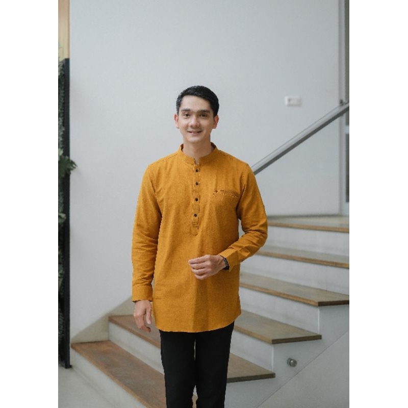 Baju Koko Pria Lengan Panjang Baju Koko Kurta Pakistan mustard Baju Koko Linen Ondrite
