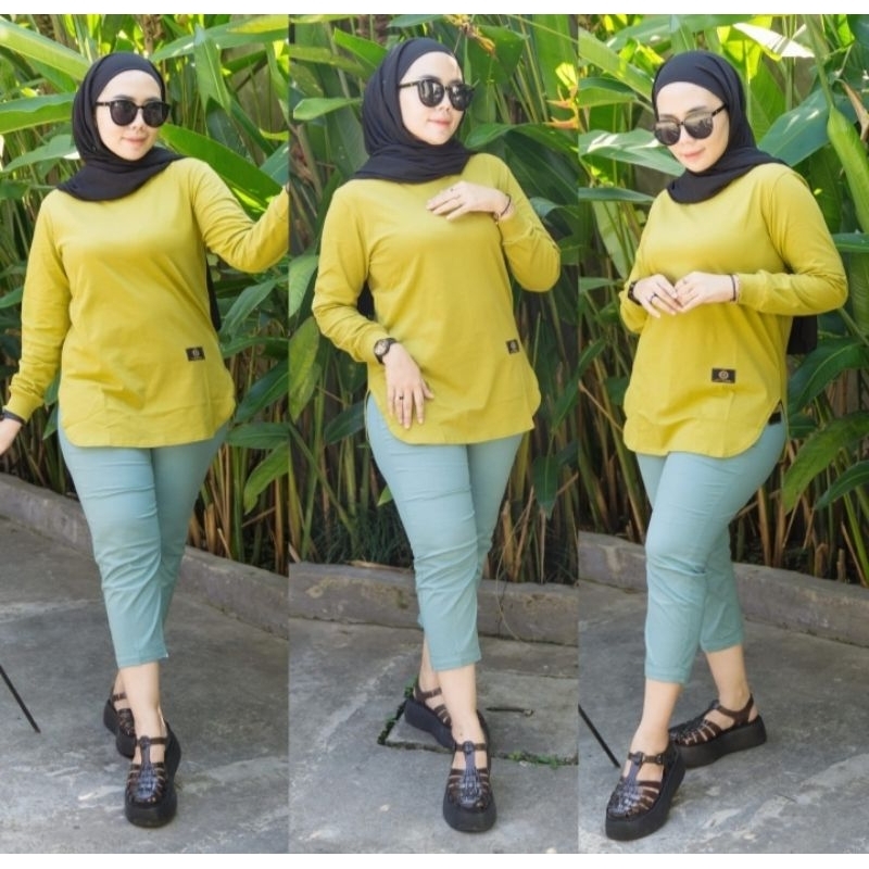 Baju Kaos Wanita Lengan Panjang Dinary Warna Hijau Lime / Atasan Wanita / Kaos Wanita / Atasan Wanit