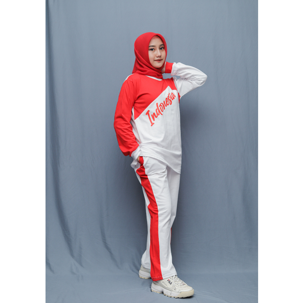 TERBARU SETELAN BAJU OLAHRAGA SENAM WANITA ONE SET SPORT MERAH PUTIH